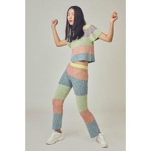 YAN YAN KNITS Sweater Pants Womens Large Blue Pink Rainbow Two Tone Tweed Multi